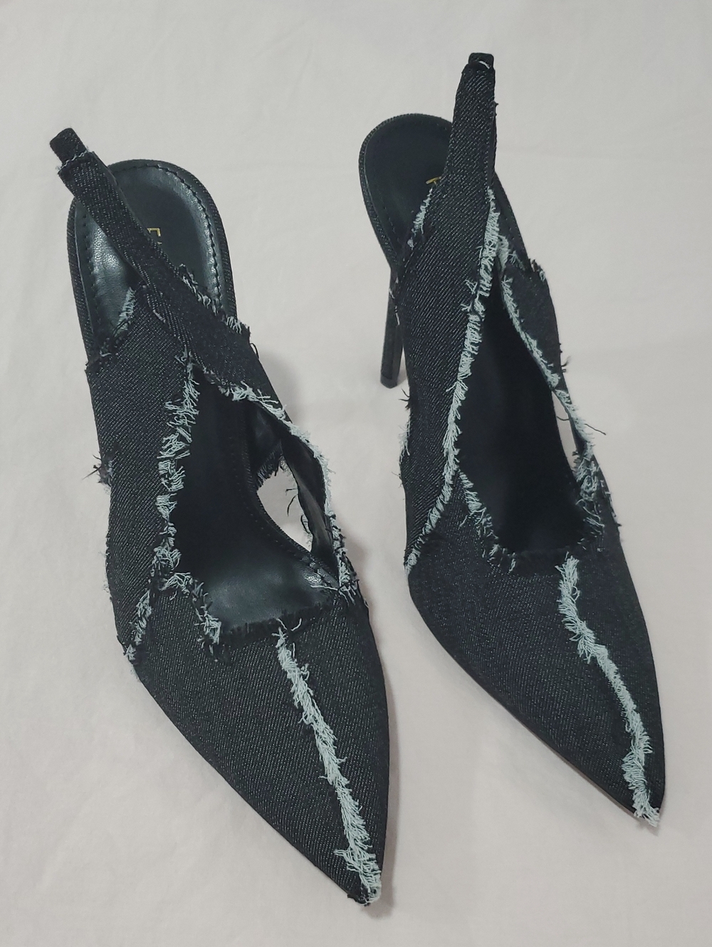 Fashion Nova Black Frayed Denim Pointed-Toe Slingback Heels